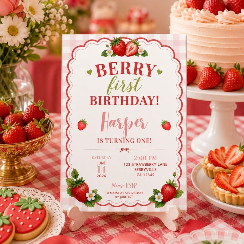 Berry First Birthday Invitation, Strawberry 1st Birthday Invite