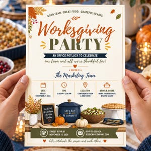 May include: A cream-colored Worksgiving Party invitation flyer featuring autumn leaf illustrations, orange and dark blue text, and icons for date, time, location, and potluck details. The flyer includes a graphic of a blue pot, pumpkins, and a pie.