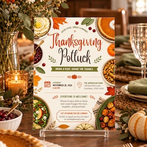 May include: A Thanksgiving Potluck invitation card featuring illustrations of autumn leaves, cranberries, and various dishes. The text reads: Thanksgiving Potluck, Bring a dish. Share the thanks. Saturday November 28, 2026, 4:00 PM, The Anderson Home, 123 Harvest Lane, Anytown, USA 12345.