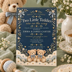 May include: A navy blue baby shower invitation card featuring gold text that reads Two Little Teddies are on the way, Emma & James Carter, and event details. The border is decorated with embroidered-style flowers, blue bows, and two teddy bears.