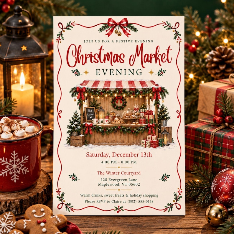 Christmas Market Invitation, Holiday Craft Fair Flyer, Winter Bazaar ...