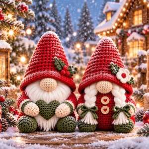 May include: Two crocheted gnomes with tall red hats, one holding a green heart and the other featuring white braided hair with a flower accent. Both figures have round beige noses, white beards, and green feet, set against a snowy holiday scene.