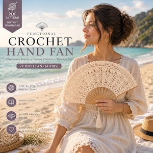 May include: A beige crochet hand fan with a bamboo frame, featuring an intricate lace pattern and a small tassel. The fan is labelled as a 9-inch fan with 14 ribs. The text on the image reads: Functional Crochet Hand Fan, PDF Pattern, Instant Download.