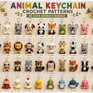 Lot de 40 modèles de porte-clés animaux au crochet | Modèle PDF de porte-clés amigurumi | Modèle d'animal mignon au crochet | Cadeau à faire soi-même | Téléchargement instantané