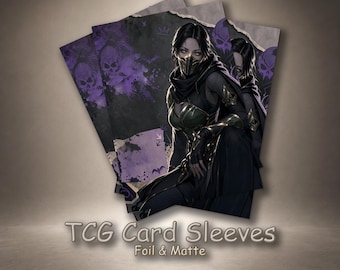 May include: A stack of TCG card sleeves featuring a dark-haired character in a black and gold outfit with a face mask. The background of the sleeves is purple with skull motifs and torn paper edges. The text TCG Card Sleeves Foil & Matte is visible.