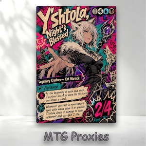 May include: A collectible trading card featuring Y'shtola, Night's Blessed, a cat warlock character with white hair and a staff. The card has a vibrant pink, purple, and black graffiti-style background with game text and a 2/4 power and toughness.