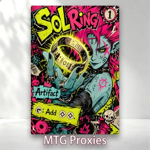 May include: A rectangular trading card featuring a stylized illustration of a character with blue skin and pink hair holding a glowing golden ring. The card includes the text SOL RING, Artifact, and Add, with vibrant neon pink, yellow, and black graphics.