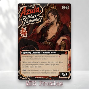 May include: A collectible trading card titled Azula, Ruthless Firebender, featuring an illustration of a dark-haired character in red and black robes sitting on a throne. The card includes game text, a 3/3 power and toughness, and a fire symbol.