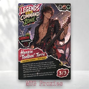 May include: A collectible trading card featuring an illustration of a dark-haired character with horns playing an electric guitar. The card displays the text Legends of the Command Zone, Henzie Toolbox Torre, and game rules with a 3/3 power and toughness.