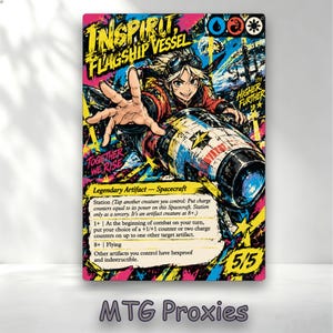 May include: A collectible trading card titled Inspirit, Flagship Vessel featuring a character reaching forward while piloting a spacecraft. The card has a vibrant, multi-coloured background with text including Together We Rise and Higher Further, and displays a 5/5 power and toughness rating.