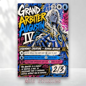 May include: A trading card featuring Grand Arbiter Augustin IV, a human advisor with long white hair, wearing blue and gold robes. The card displays text, mana symbols, and a 2/3 power and toughness rating against a vibrant, graffiti-style background.