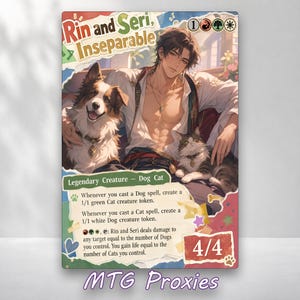 Pode incluir: Uma carta colecionável intitulada Rin and Seri, Inseparable com uma ilustração de uma pessoa com um cão castanho e branco e um gato tigrado. O texto da carta inclui mecânicas de jogo, força e resistência 4/4 e tipo criatura lendária.