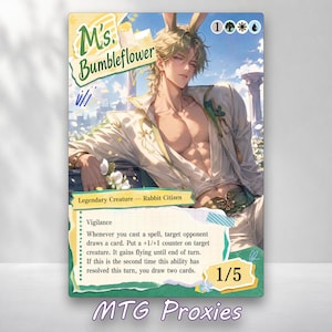 May include: A collectible trading card featuring an illustration of a blonde character with rabbit ears, wearing an open white shirt. The card displays the text M's. Bumbleflower, Legendary Creature - Rabbit Citizen, and game rules with a 1/5 power and toughness rating.