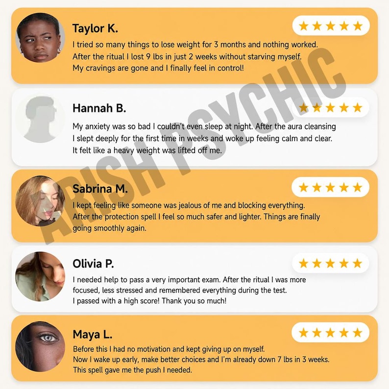 Customer reviews for personalized career spells and job success rituals performed by Arish, with five-star buyer feedback.