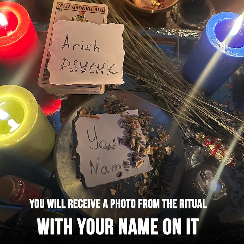 Real personalized altar photo with candles, herbs, ritual tools, and handwritten name cards used for the Career and Job Spell.