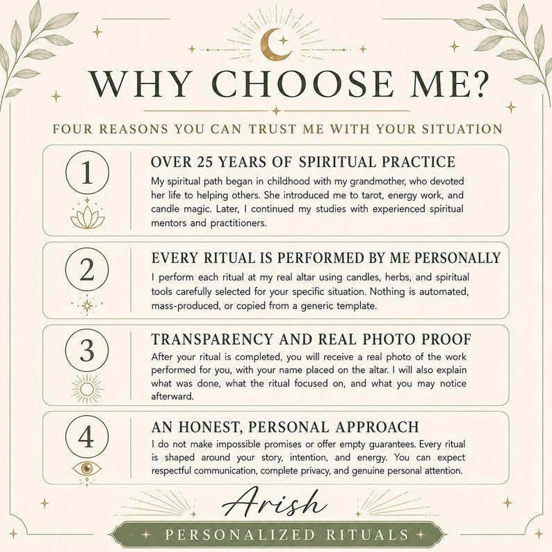 Why choose Arish for a personalized career ritual, including hand casting, privacy, same day service, and photo proof.