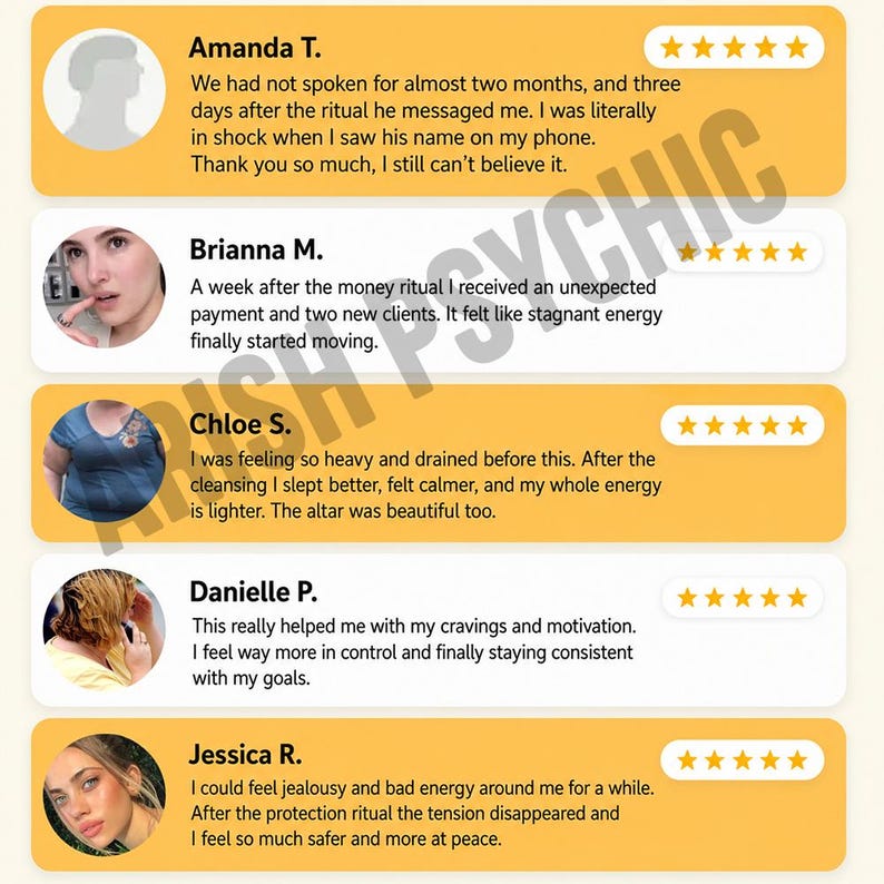 Five-star testimonials about career rituals, interview support, promotion energy, personalized service, and communication from Arish.