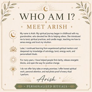 Meet Arish, the practitioner behind ARISH PSYCHIC, offering personalized hand-cast spiritual rituals and intuitive guidance.