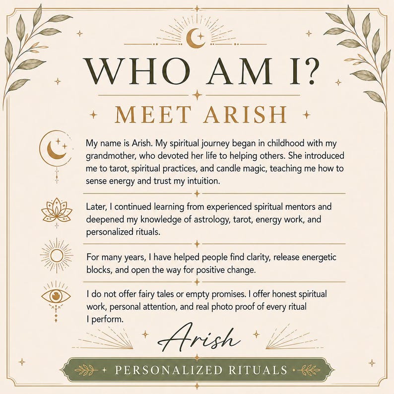 Meet Arish, the practitioner behind ARISH PSYCHIC, offering personalized hand-cast spiritual rituals and intuitive guidance.