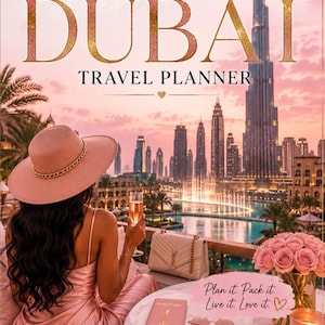 May include: A 5-Day Luxury Dubai Travel Planner featuring a pink-toned image of the Burj Khalifa skyline. The cover includes text: 5-Day Luxury DUBAI TRAVEL PLANNER, Plan it. Pack it. Live it. Love it., Luxury Experiences, Shopping Guide, Memories to Last, Unforgettable Adventure.