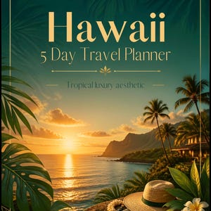 May include: A Hawaii 5 Day Travel Planner with a sunset ocean view featuring palm trees, a straw hat, a beaded necklace, and a green notebook with a palm tree icon and the word ALOHA printed on the cover, framed by tropical foliage.