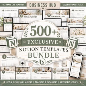 May include: A digital bundle of 500+ Notion templates featuring a Business Hub, life planners, habit trackers, and databases. The design includes sage green accents, botanical illustrations, and the Notion logo on various screens and mobile devices.