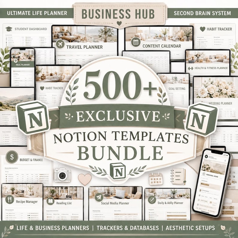 500+ Notion Templates Bundle | Productivity, Business, Life Planners ...