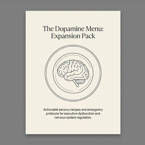 May include: A cream-coloured rectangular card featuring the black text The Dopamine Menu: Expansion Pack at the top. A central line drawing shows a human brain centred on a plate. Below, the text reads Actionable sensory recipes and emergency protocols for executive dysfunction and nervous system regulation.