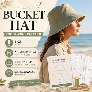 Könnte beinhalten: Ein PDF-Schnittmuster für einen Fischerhut mit dem Text BUCKET HAT PDF SEWING PATTERN, S-XL SIZES, A4 US LETTER A0 PRINT AT HOME, STEP-BY-STEP INSTRUCTION GUIDE, SEAM ALLOWANCE INCLUDED und Easy to Sew. Enthält Papierschnittmusterbögen.