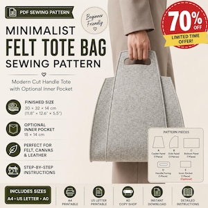 May include: A digital sewing pattern for a grey felt tote bag with a cut-out handle. The text reads: MINIMALIST FELT TOTE BAG SEWING PATTERN, Modern Cut Handle Tote with Optional Inner Pocket, FINISHED SIZE 30 x 32 x 14 cm (11.8 x 12.6 x 5.5 inches).