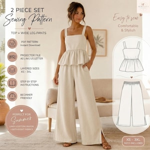 Può includere: Un set di cartamodelli in due pezzi per un top e pantaloni a gamba larga. Il set include un top stile peplum con spalline e pantaloni a gamba larga abbinati con spacchi laterali. Il testo include 2 PIECE SET, Sewing Pattern, TOP + WIDE LEG PANTS, PDF PATTERN, PROJECTOR FILE, LAYERED SIZES XS-3XL, STEP BY STEP INSTRUCTIONS, BEGINNER FRIENDLY e PERFECT FOR Summer.