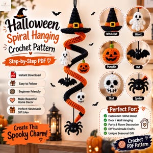 Puede incluir: Un patrón de ganchillo colgante en espiral de Halloween con un sombrero de bruja negro en la parte superior, seguido de una estructura de hilo naranja y negro decorada con pequeñas figuras tejidas que incluyen un fantasma blanco, una calabaza naranja, un murciélago negro, una calavera blanca y una araña negra.