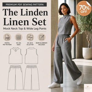 Może przedstawiać: Cyfrowy wykrój krawiecki PDF dla zestawu The Linden Linen Set, zawierający bezrękawnik ze stójką oraz szerokie spodnie. Obraz przedstawia techniczne rysunki liniowe odzieży, zakres rozmiarów XS-XXL oraz modela w szarym lnianym komplecie.