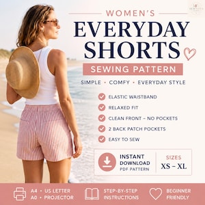 May include: A sewing pattern for everyday shorts featuring a white tank top and pink and white striped shorts with an elastic waistband, a relaxed fit, a clean front, and two back patch pockets. Includes instant download PDF pattern in sizes XS-XL.