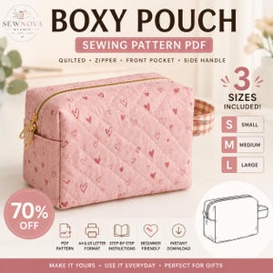 Könnte beinhalten: Eine rosa gesteppte Boxy-Tasche mit Herzmuster, goldenem Reißverschluss und Seitengriff. Der Text lautet BOXY POUCH SEWING PATTERN PDF, 3 SIZES INCLUDED, S SMALL, M MEDIUM, L LARGE, 70% OFF, PDF PATTERN, A4 & US LETTER FORMAT, STEP-BY-STEP INSTRUCTIONS, BEGINNER FRIENDLY, INSTANT DOWNLOAD, MAKE IT YOURS, USE IT EVERYDAY, PERFECT FOR GIFTS.