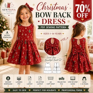 Patron de couture PDF pour robe à volants et nœud dans le dos pour fille | Robe d'été sans manches pour enfant | Robe pour tout-petit | Format A4, A0, Lettre US | Téléchargement instantané (1-16 ans)