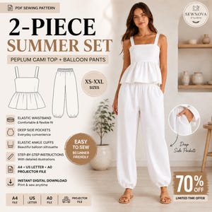 May include: A 2-piece summer set sewing pattern featuring a white peplum cami top and balloon pants. The pattern includes sizes XS-XXL, an elastic waistband, deep side pockets, and elastic ankle cuffs. Includes A4, US letter, and A0 files.
