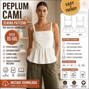 May include: A digital sewing pattern for a peplum cami with a fitted bodice, gathered waist, and flared hem. The pattern includes sizes XS-XXL, with instructions for A4, US Letter, and A0 formats. Features include a defined waist seam and straps.