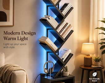 Libreria a LED a forma di albero / Libreria moderna nera a 6 ripiani / Scaffale salvaspazio