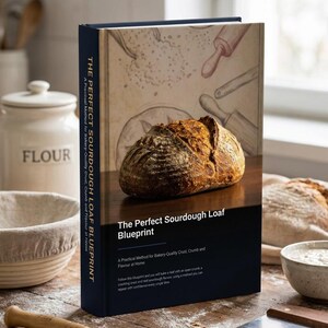 Op de afbeelding: Een hardcover boek getiteld The Perfect Sourdough Loaf Blueprint met een donkerblauwe rug en kaft. De kaft bevat een foto van een gebakken zuurdesembrood, lijntekeningen van bakgereedschap en witte tekst over een bakmethode.
