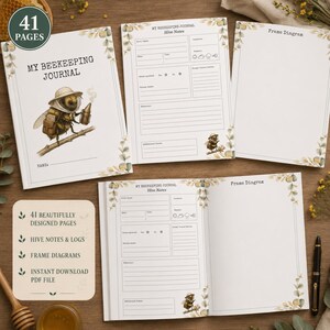 Puede incluir: Un diario de apicultura de 41 páginas, con una ilustración en la portada de una abeja con sombrero y un ahumador. Las páginas interiores incluyen secciones para notas de colmena, iconos meteorológicos y diagramas de cuadros con bordes de eucalipto.