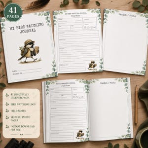 May include: A 41-page bird watching journal featuring a cover with a bird wearing a hat and carrying binoculars. The interior pages include sections for field notes, dates, locations, weather icons, and blank spaces for sketches or photos.