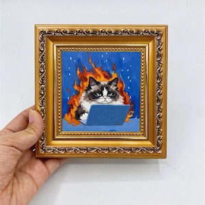 Angry Computer Cat Framed Ragdoll Fluffy Cat Impasto Solid Wood Gold Frame Funny Animal Desk Wall Decor Gift,gift for her,gift for him