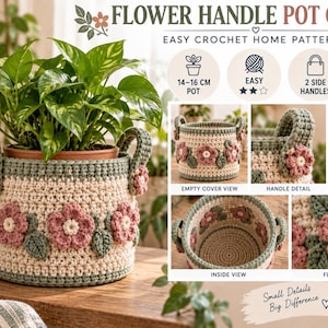 May include: A crochet pot cover featuring a cream-colored base with sage green trim and handles. The exterior is decorated with pink flowers and green leaves. The design includes two side handles and fits a 14-16 cm pot. Text reads Flower Handle Pot Cover.
