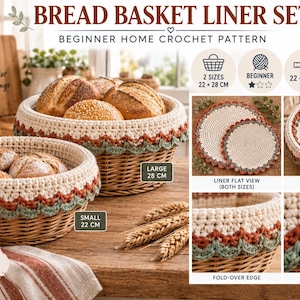 May include: A bread basket liner set crochet pattern featuring two sizes, 22 cm and 28 cm. The set includes instructions for creating cream, rust, and sage green scalloped-edge liners for round wicker baskets, shown with bread and wheat stalks.