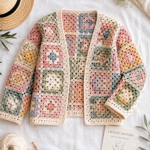 Häkelanleitung für eine quadratische Strickjacke im Oma-Stil (PDF), Anfänger-Häkelpullover, Cottagecore-Strickjacke, Größen XS-3XL, Sofort-Download