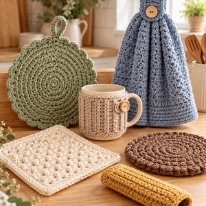 Könnte beinhalten: Eine Sammlung von gehäkelten Küchenartikeln, darunter ein runder Topflappen in Salbeigrün, ein blaues Hängehandtuch mit Holzknopf, ein beiger Tassenwärmer, ein quadratischer Topflappen in Creme, ein brauner runder Untersetzer und eine senfgelbe Hülle.