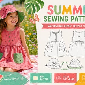May include: A sewing pattern for a watermelon-themed picnic dress and reversible sun hat. The design features a pink dress with green pockets and a matching bucket hat. Includes technical line drawings, PDF format, and sizes for 1-10 years.