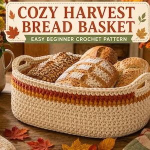 Puede incluir: Una cesta de pan rectangular de ganchillo en color crema con rayas naranjas y marrones, que contiene tres hogazas de pan. El texto COZY HARVEST BREAD BASKET EASY BEGINNER CROCHET PATTERN aparece sobre la cesta en un marco decorativo.