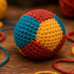 May include: A spherical crochet ball featuring a geometric pattern of interlocking pentagons in solid red, bright yellow, and teal blue yarn. The surface displays a consistent, tight stitch texture throughout the entire handmade construction.